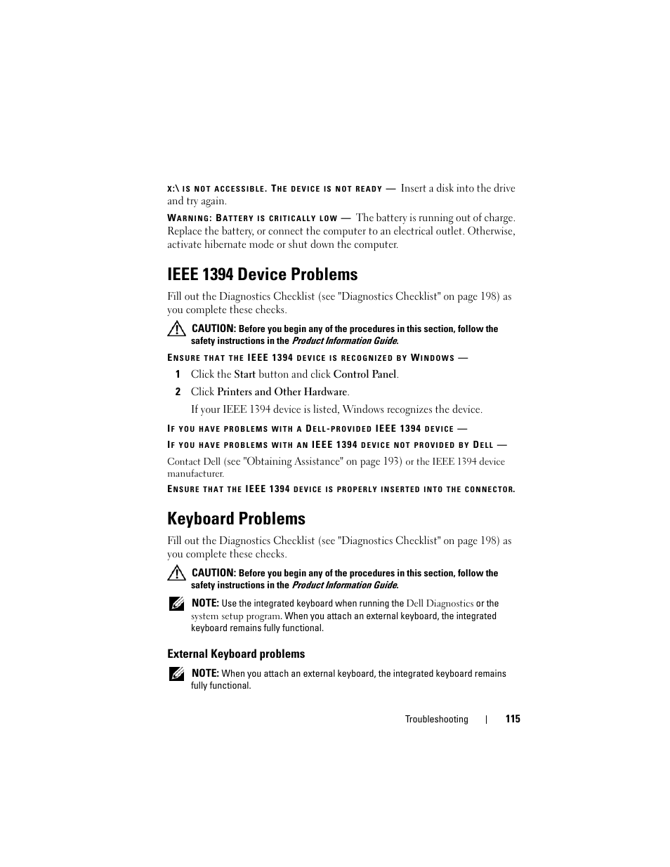 Ieee 1394 device problems, Keyboard problems, External keyboard problems | Dell Latitude D630 User Manual | Page 115 / 218