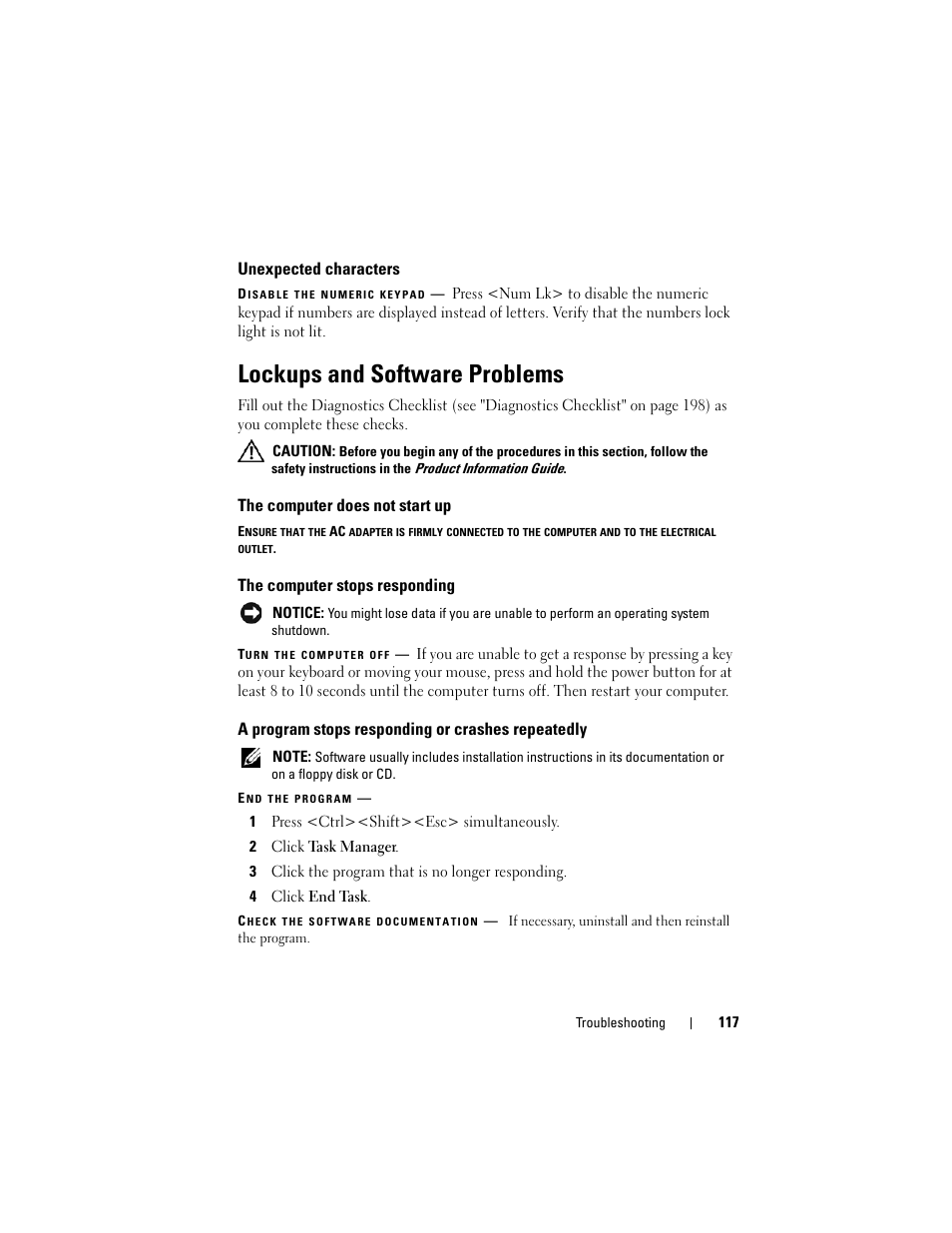 Unexpected characters, Lockups and software problems, The computer does not start up | The computer stops responding, A program stops responding or crashes repeatedly | Dell Latitude D630 User Manual | Page 117 / 218