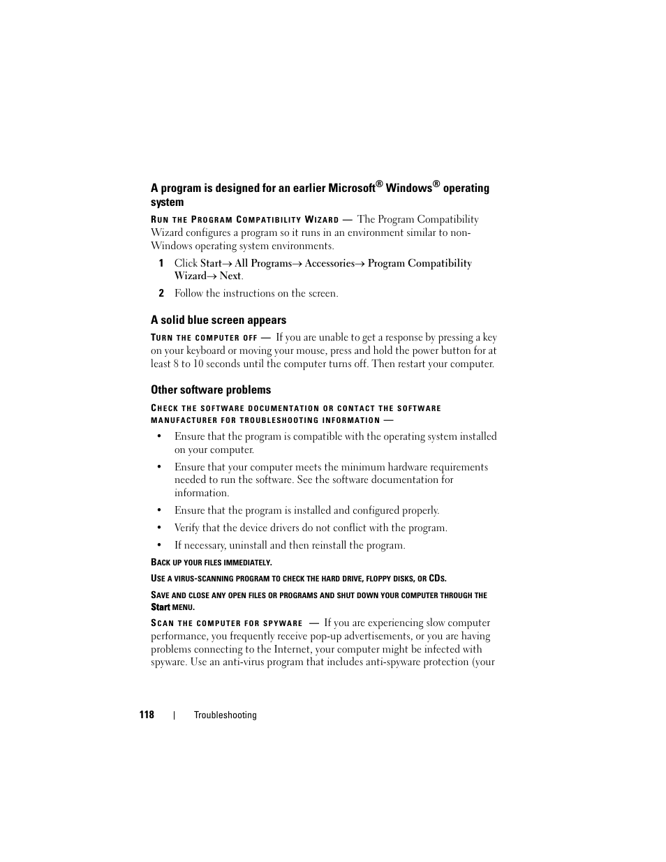 A solid blue screen appears, Other software problems, A program is designed for an earlier | Microsoft, A program is designed for an earlier microsoft, Windows, Operating system | Dell Latitude D630 User Manual | Page 118 / 218