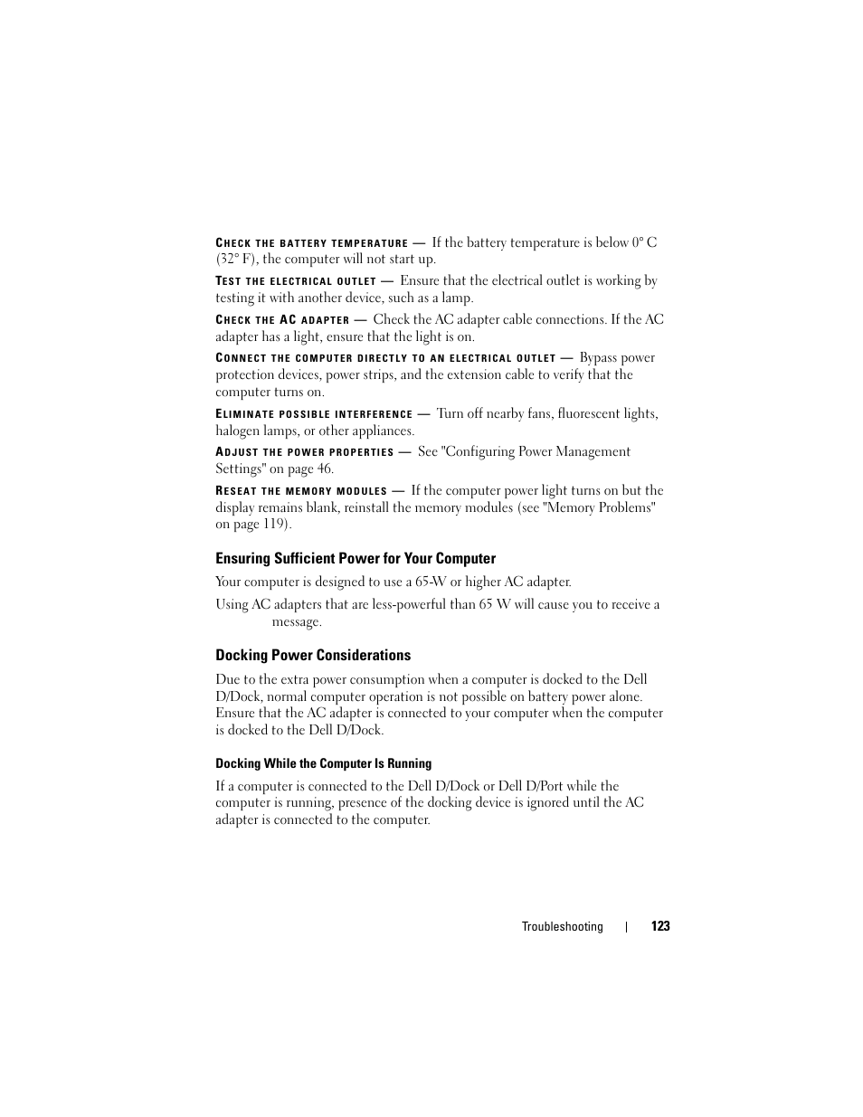 Ensuring sufficient power for your computer, Docking power considerations | Dell Latitude D630 User Manual | Page 123 / 218
