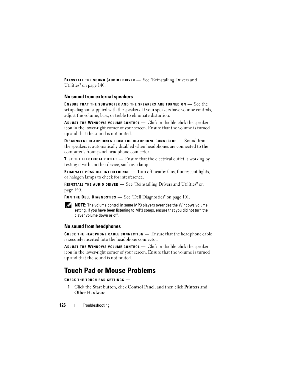 No sound from external speakers, No sound from headphones, Touch pad or mouse problems | Dell Latitude D630 User Manual | Page 126 / 218