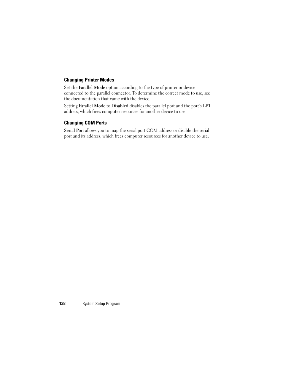 Changing printer modes, Changing com ports | Dell Latitude D630 User Manual | Page 138 / 218