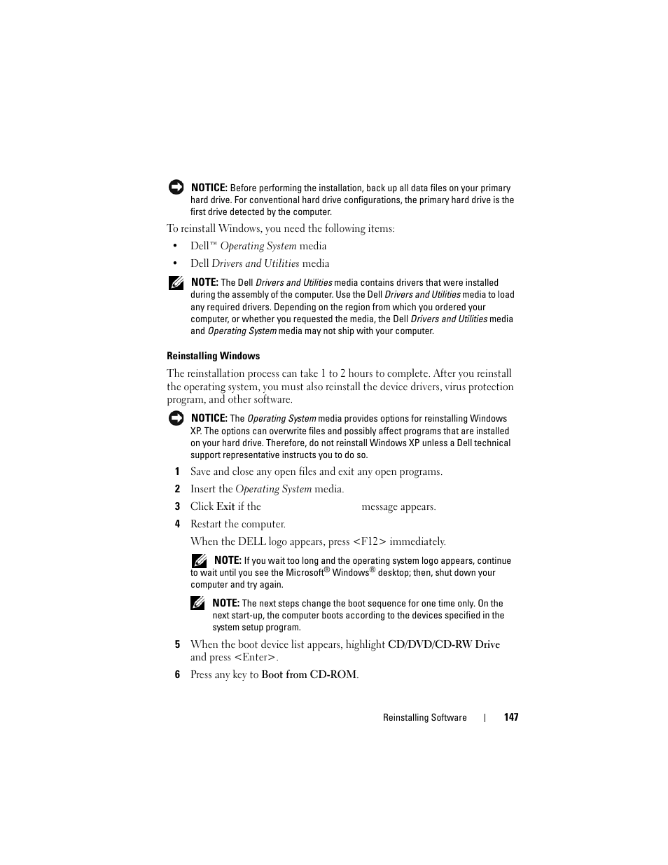 Ee "reinstalling | Dell Latitude D630 User Manual | Page 147 / 218