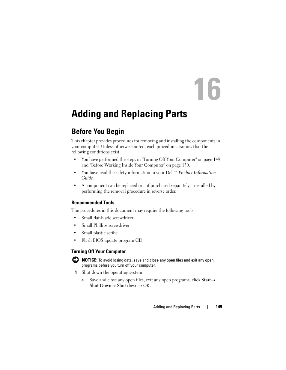 Adding and replacing parts, Before you begin, Recommended tools | Turning off your computer | Dell Latitude D630 User Manual | Page 149 / 218