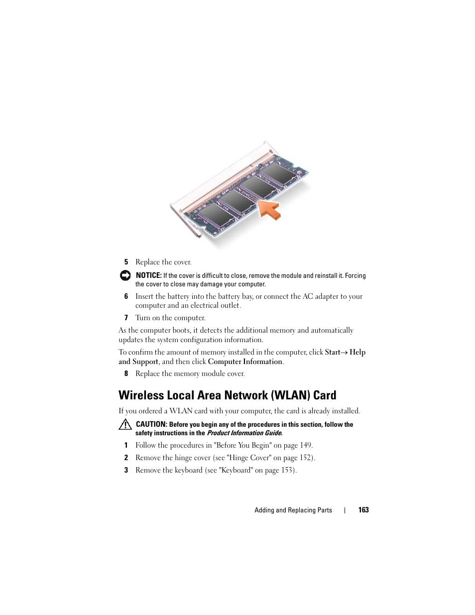 Wireless local area network (wlan) card | Dell Latitude D630 User Manual | Page 163 / 218