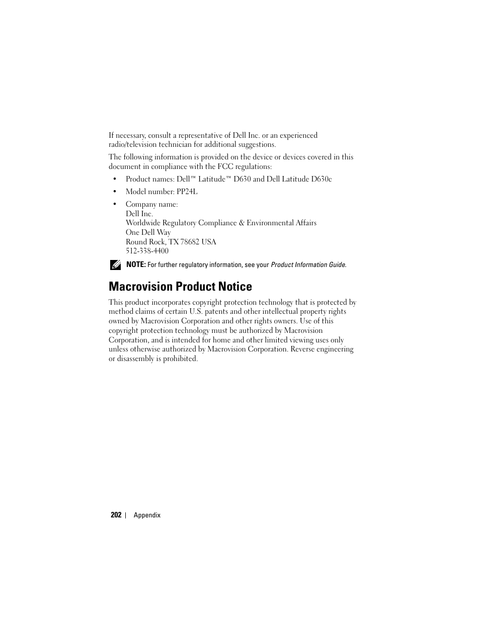 Macrovision product notice | Dell Latitude D630 User Manual | Page 202 / 218