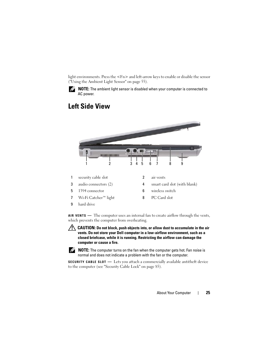 Left side view | Dell Latitude D630 User Manual | Page 25 / 218