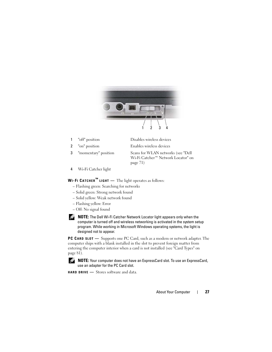 Wi-fi catcher™ light, Pc card slot | Dell Latitude D630 User Manual | Page 27 / 218