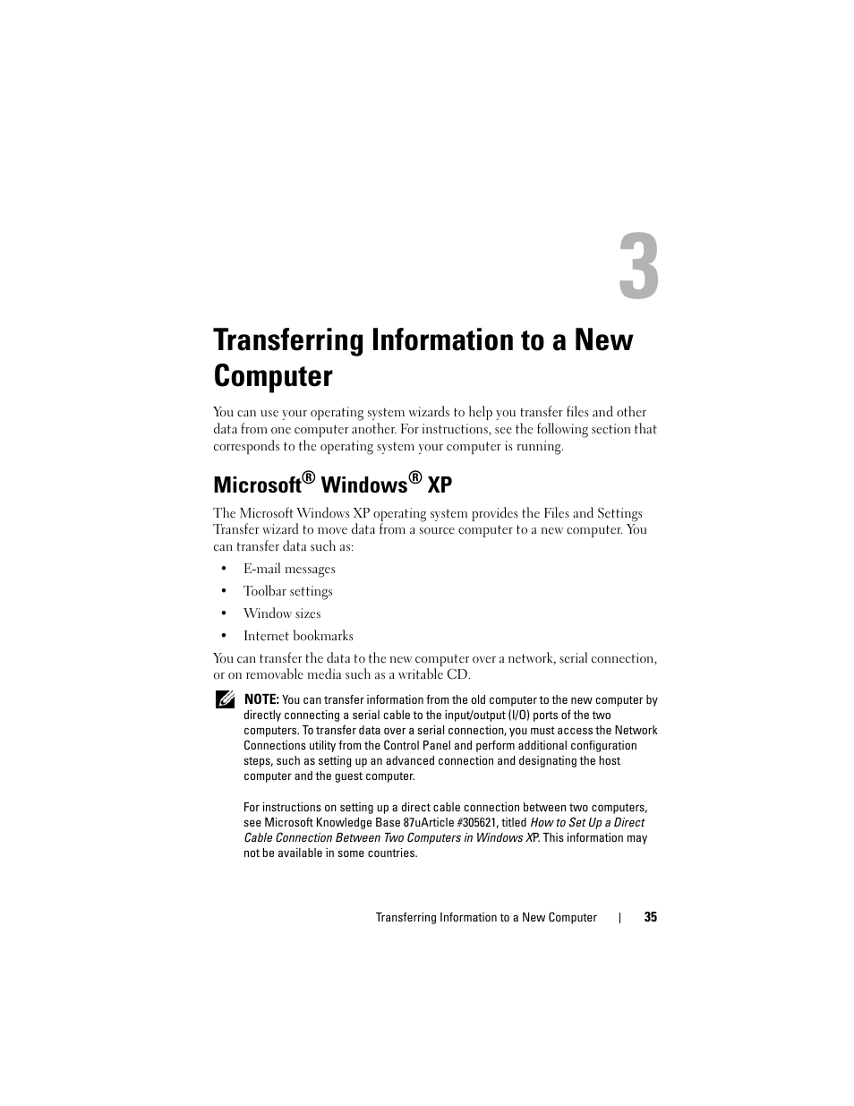 Transferring information to a new computer, Microsoft® windows® xp, Microsoft | Windows | Dell Latitude D630 User Manual | Page 35 / 218