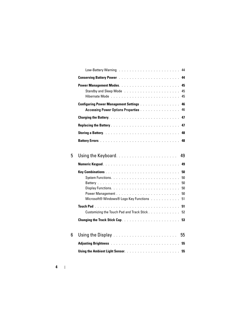 5 using the keyboard, 6 using the display | Dell Latitude D630 User Manual | Page 4 / 218