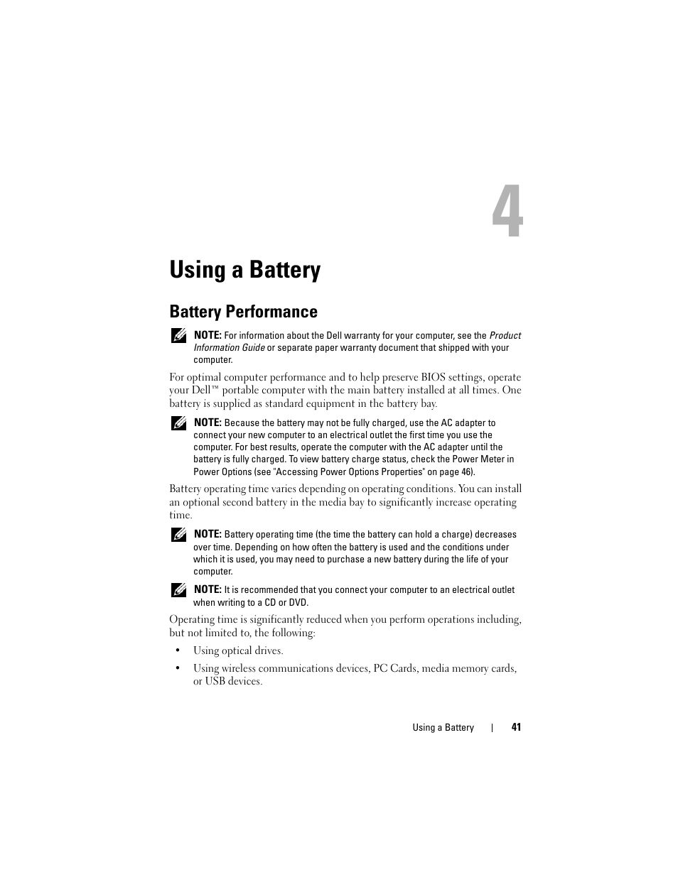 Using a battery, Battery performance | Dell Latitude D630 User Manual | Page 41 / 218