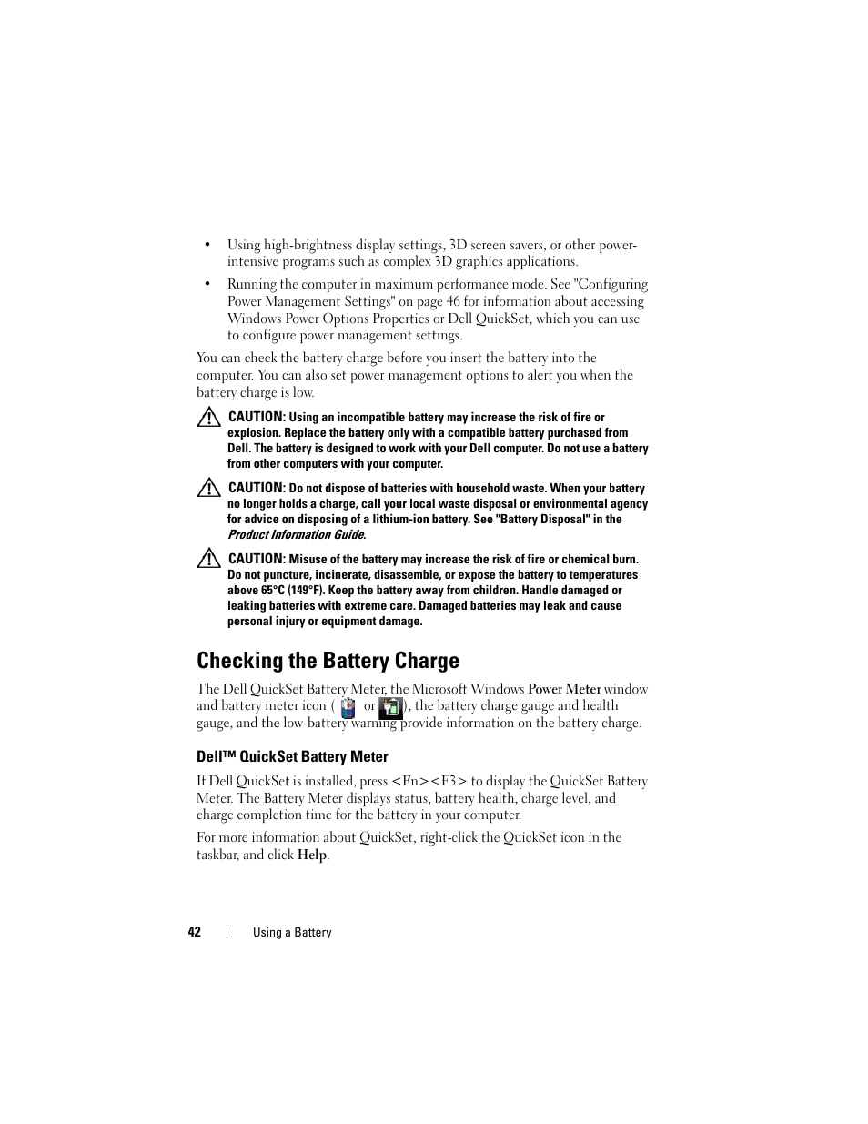 Checking the battery charge, Dell™ quickset battery meter | Dell Latitude D630 User Manual | Page 42 / 218