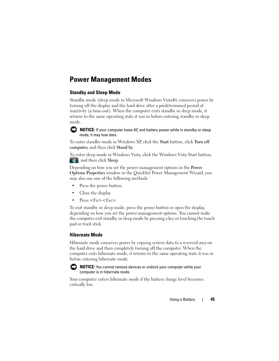 Power management modes, Standby and sleep mode, Hibernate mode | Dell Latitude D630 User Manual | Page 45 / 218
