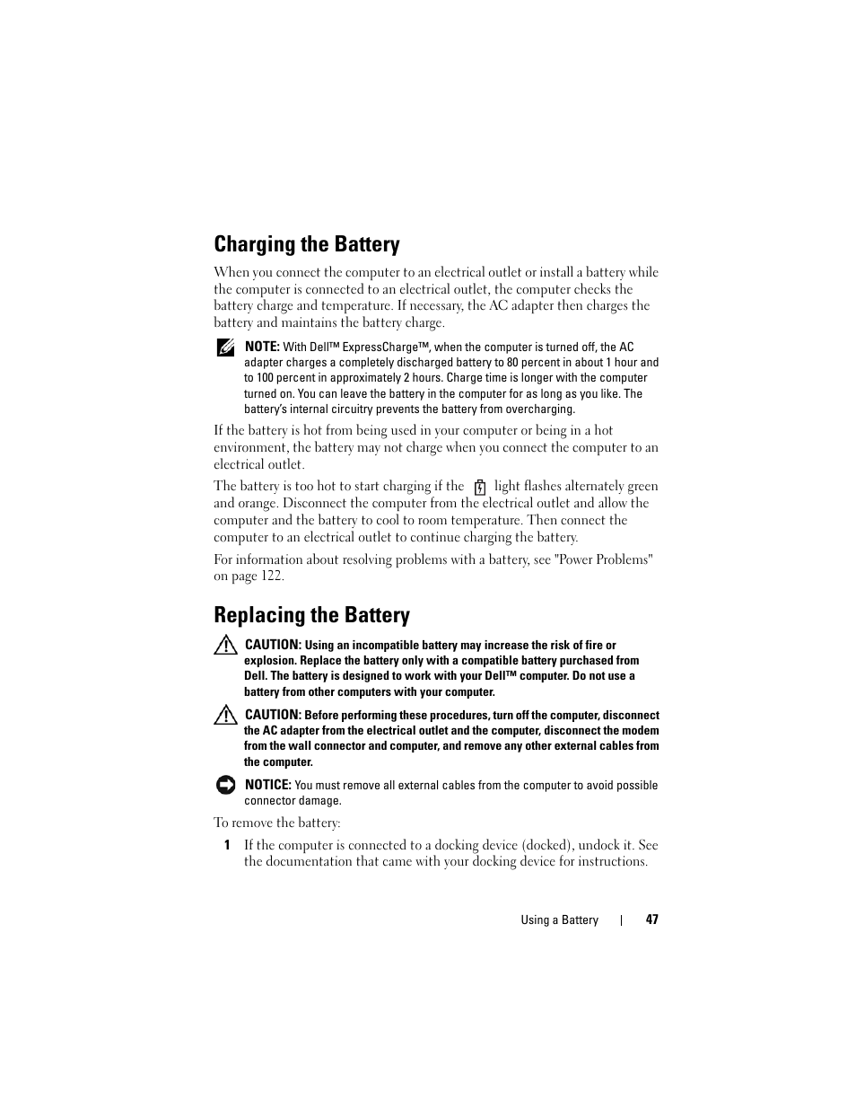 Charging the battery, Replacing the battery | Dell Latitude D630 User Manual | Page 47 / 218