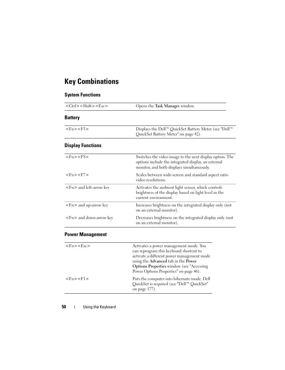 Key combinations, System functions, Battery | Display functions, Power management | Dell Latitude D630 User Manual | Page 50 / 218