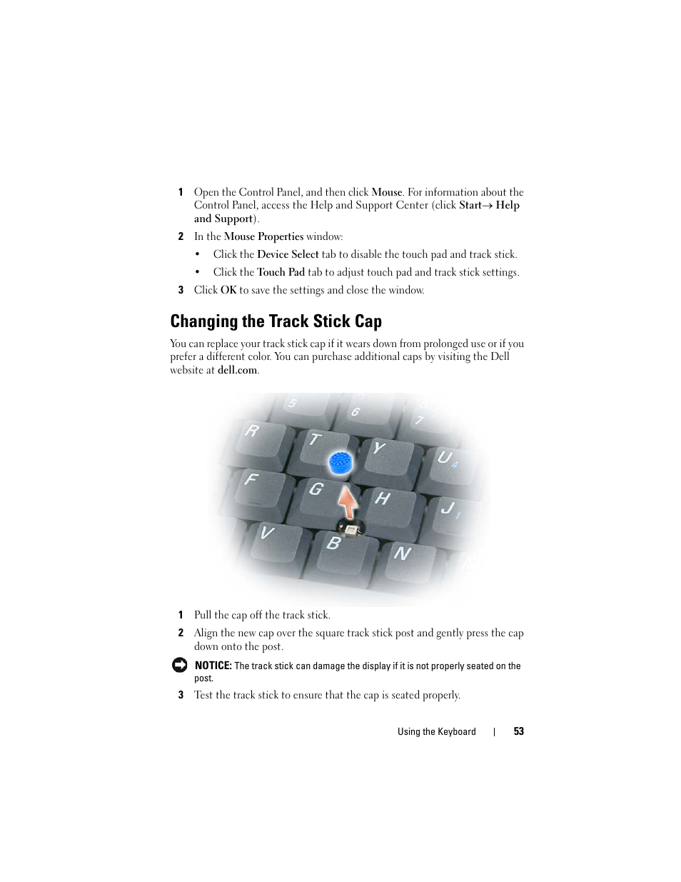 Changing the track stick cap | Dell Latitude D630 User Manual | Page 53 / 218