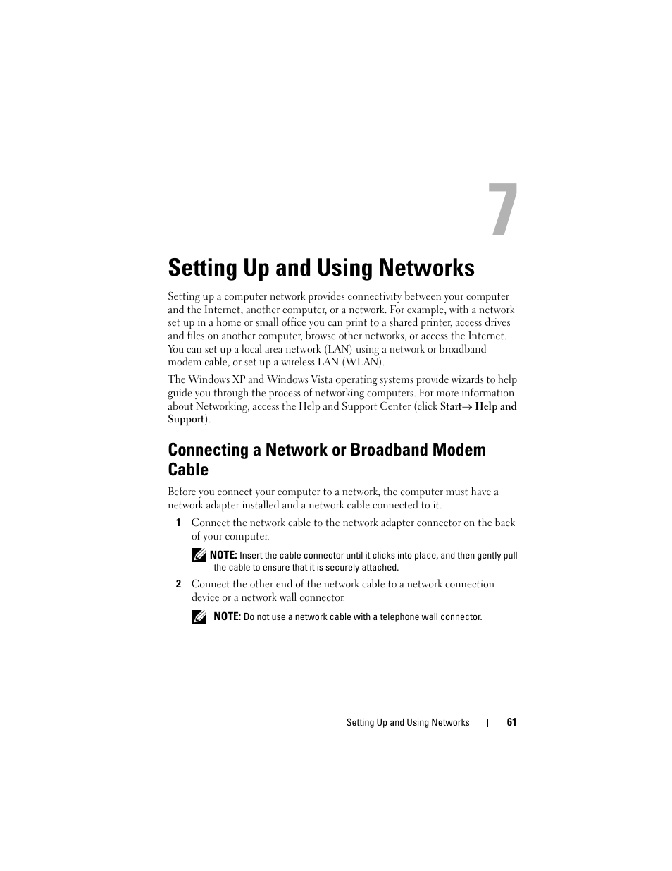 Setting up and using networks, Connecting a network or broadband modem cable | Dell Latitude D630 User Manual | Page 61 / 218