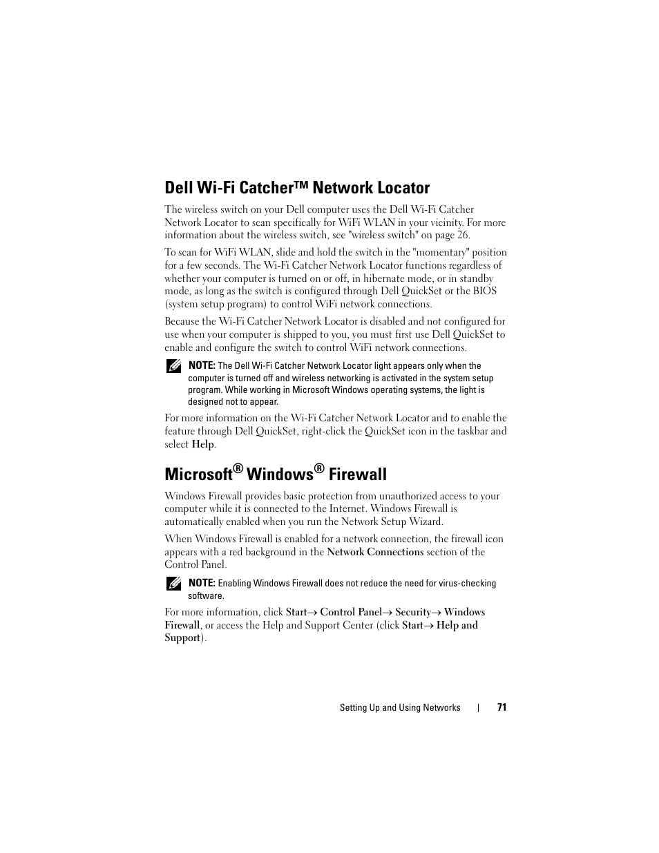 Dell wi-fi catcher™ network locator, Microsoft® windows® firewall, Microsoft | Ee "dell, Wi-fi catcher™ network locator" on, Windows, Firewall | Dell Latitude D630 User Manual | Page 71 / 218