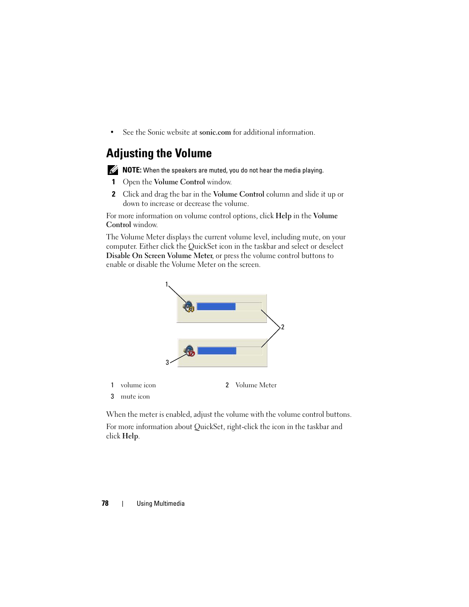 Adjusting the volume | Dell Latitude D630 User Manual | Page 78 / 218