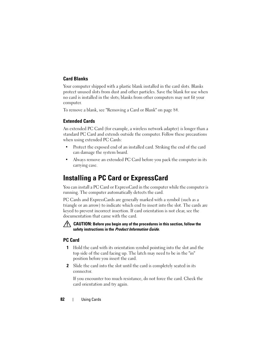 Card blanks, Extended cards, Installing a pc card or expresscard | Pc card | Dell Latitude D630 User Manual | Page 82 / 218