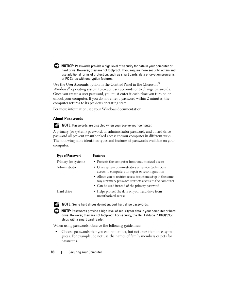 About passwords | Dell Latitude D630 User Manual | Page 88 / 218