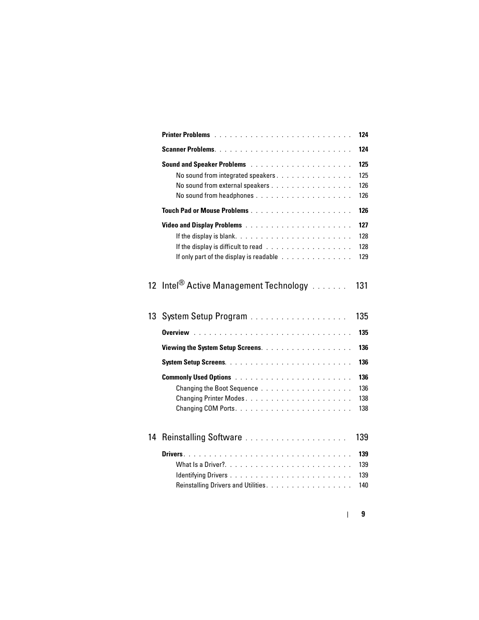 12 intel, Active management technology, 14 reinstalling software | Dell Latitude D630 User Manual | Page 9 / 218