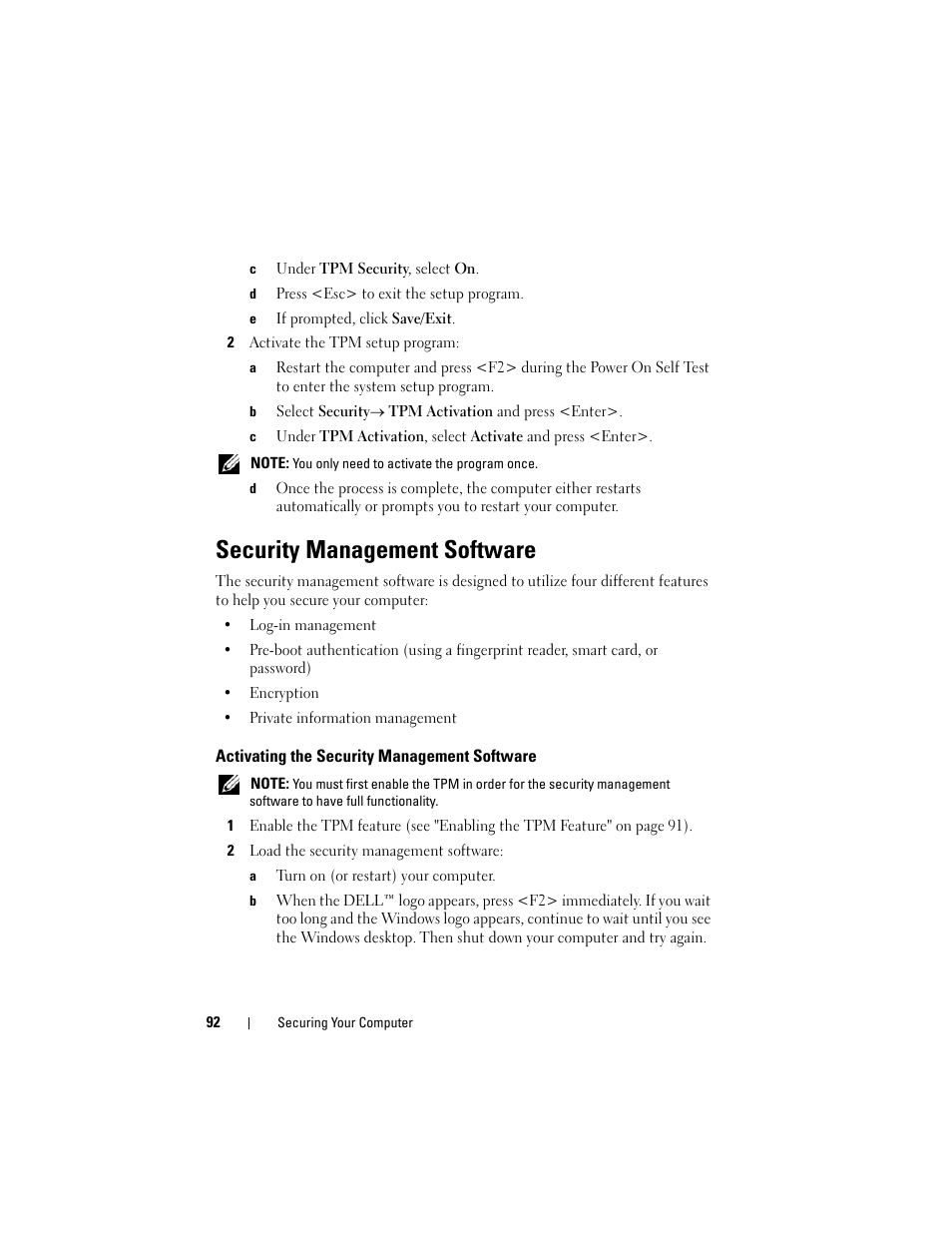 Security management software, Activating the security management software | Dell Latitude D630 User Manual | Page 92 / 218