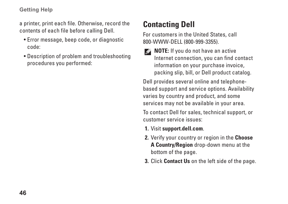 Contacting dell, 46 for assistance, 46 for assistance) | Dell Inspiron 546 (Early 2009) User Manual | Page 48 / 64