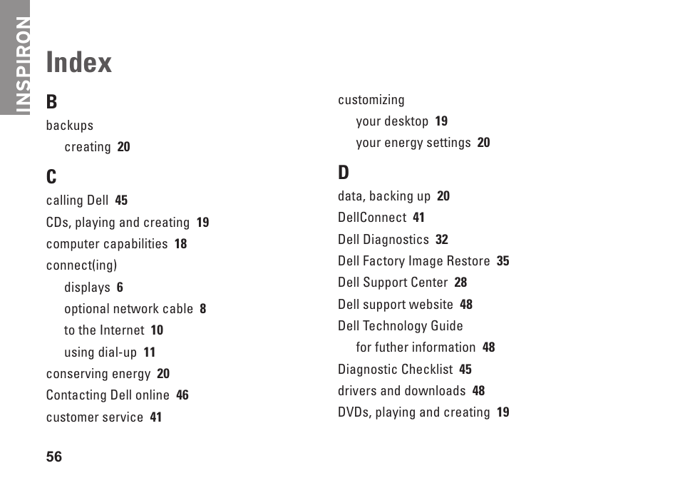 Index, Inspiron | Dell Inspiron 546 (Early 2009) User Manual | Page 58 / 64
