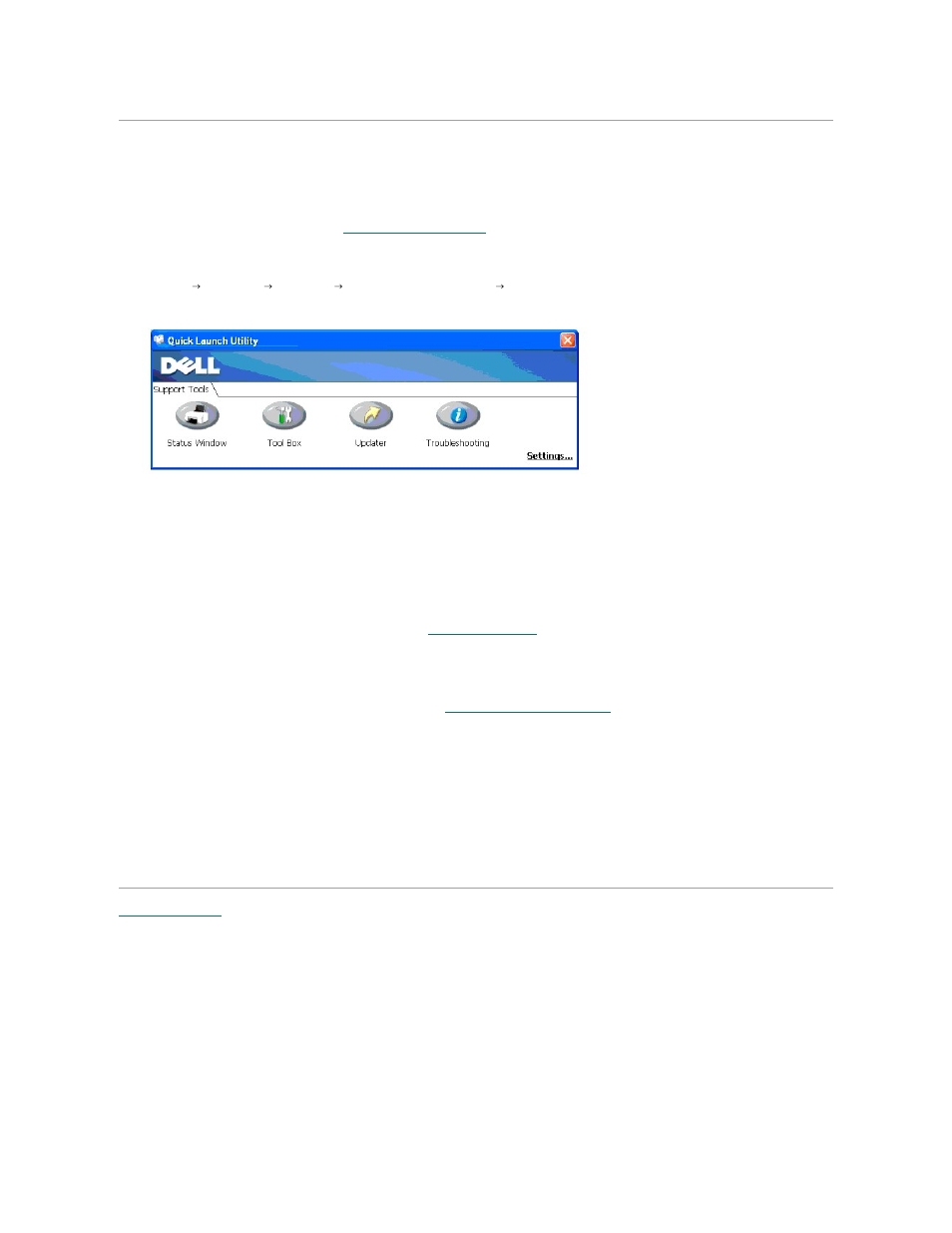 Printer settings utility, Status window, Tool box | Updater, Troubleshooting | Dell 2130cn Color Laser Printer User Manual | Page 47 / 204