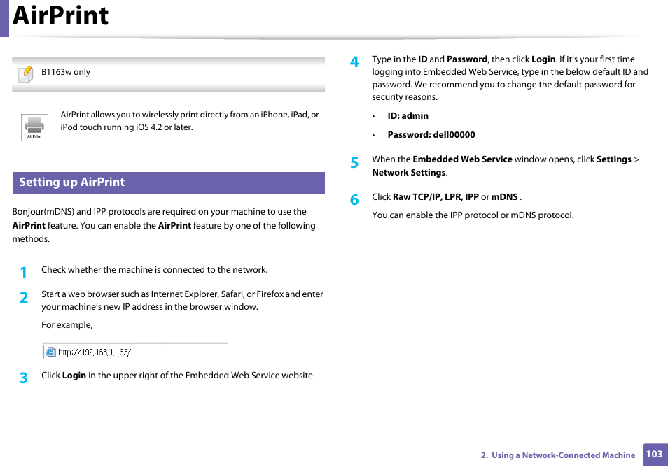 Airprint | Dell B1163/W Multifunction Mono Laser Printer User Manual | Page 103 / 204