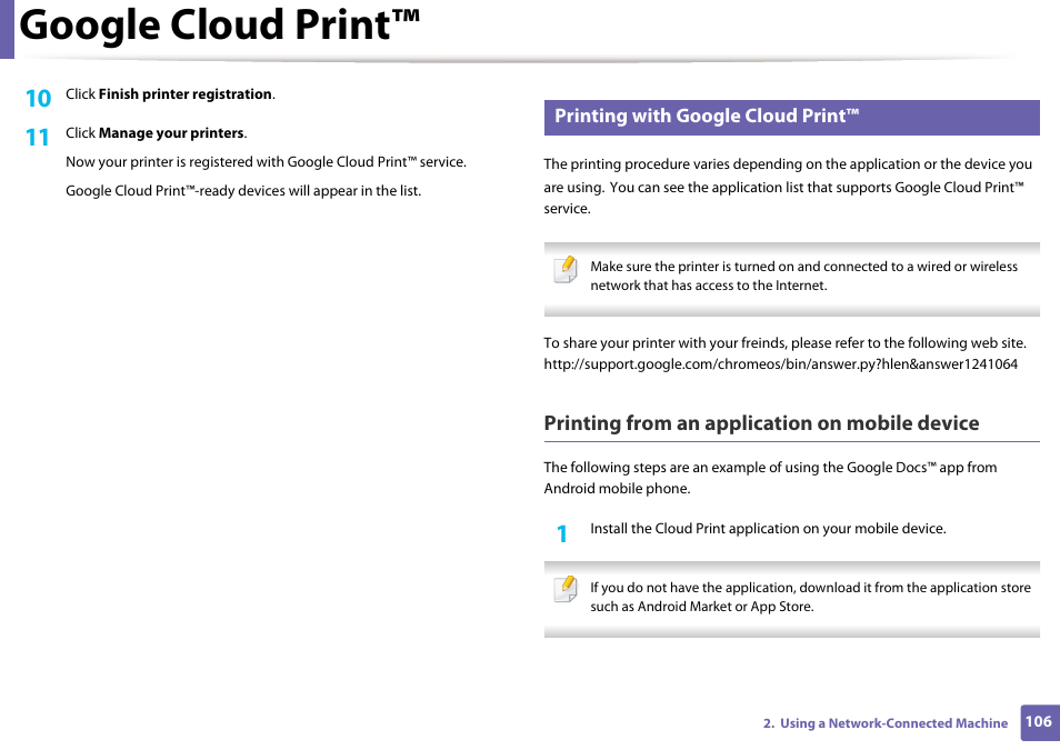Google cloud print, Printing from an application on mobile device, Printing with google cloud print | Dell B1163/W Multifunction Mono Laser Printer User Manual | Page 106 / 204
