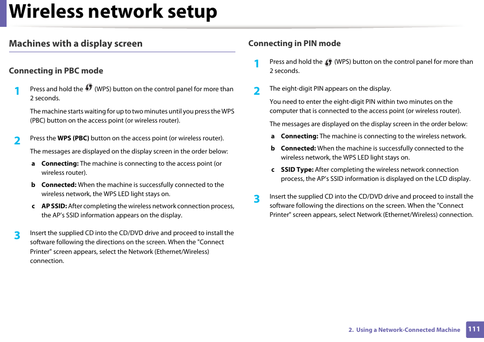 Wireless network setup, Machines with a display screen | Dell B1163/W Multifunction Mono Laser Printer User Manual | Page 111 / 204