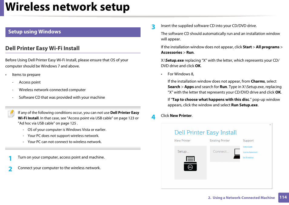 Wireless network setup, Dell printer easy wi-fi install, Setup using windows | Dell B1163/W Multifunction Mono Laser Printer User Manual | Page 114 / 204