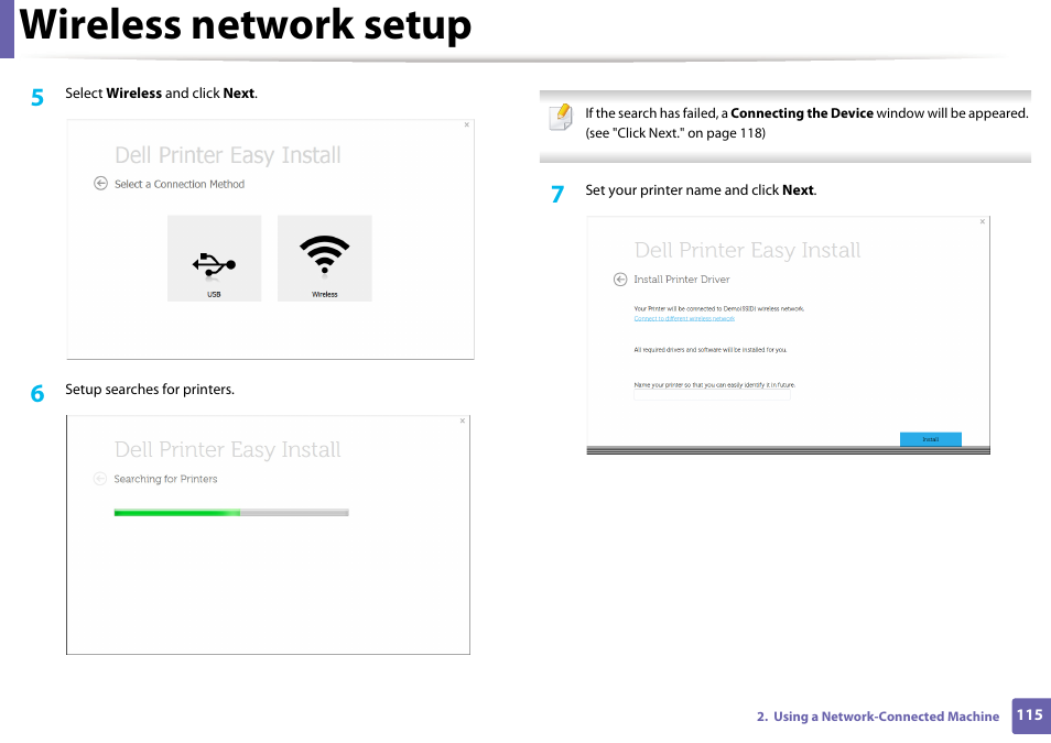 Wireless network setup | Dell B1163/W Multifunction Mono Laser Printer User Manual | Page 115 / 204