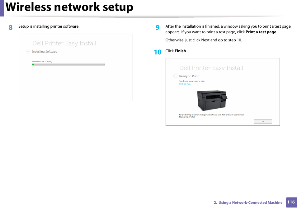 Wireless network setup | Dell B1163/W Multifunction Mono Laser Printer User Manual | Page 116 / 204