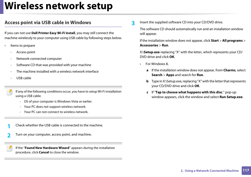 Wireless network setup, Access point via usb cable in windows | Dell B1163/W Multifunction Mono Laser Printer User Manual | Page 117 / 204