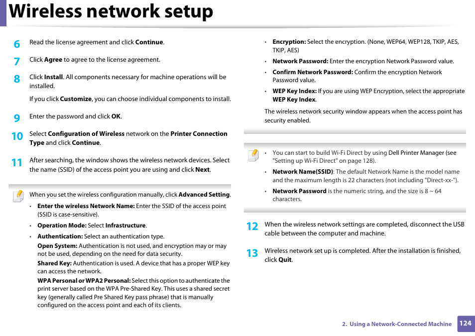 Wireless network setup | Dell B1163/W Multifunction Mono Laser Printer User Manual | Page 124 / 204