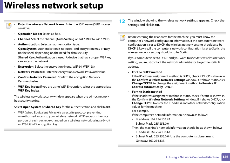 Wireless network setup | Dell B1163/W Multifunction Mono Laser Printer User Manual | Page 126 / 204