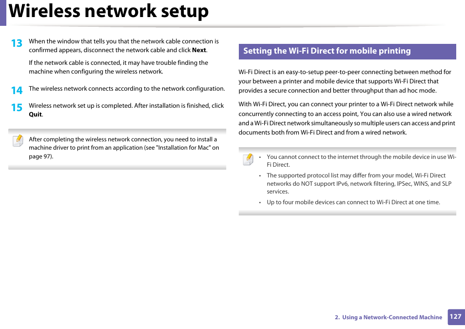 Wireless network setup, Setting the wi-fi direct for mobile printing | Dell B1163/W Multifunction Mono Laser Printer User Manual | Page 127 / 204