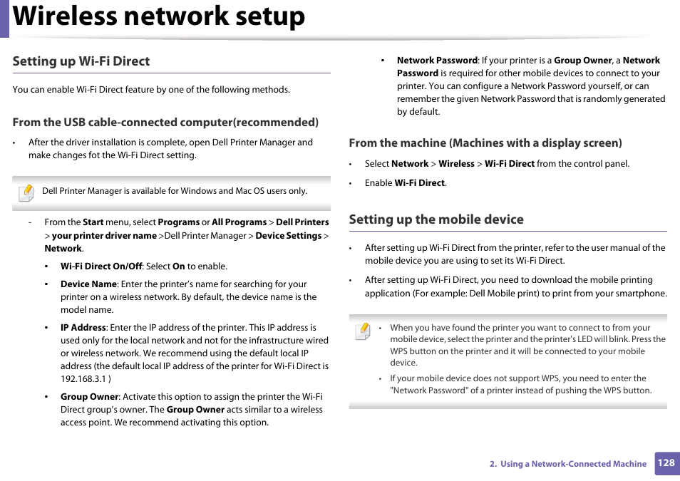 Wireless network setup, Setting up wi-fi direct, Setting up the mobile device | Dell B1163/W Multifunction Mono Laser Printer User Manual | Page 128 / 204