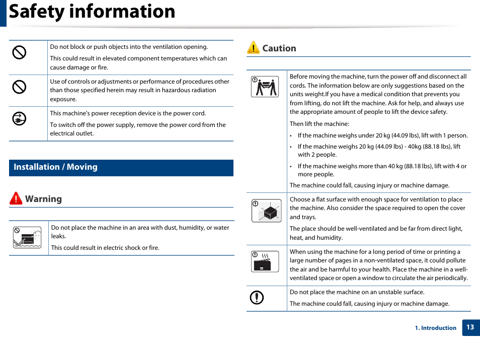 Safety information, Warning caution, Installation / moving | Dell B1163/W Multifunction Mono Laser Printer User Manual | Page 13 / 204