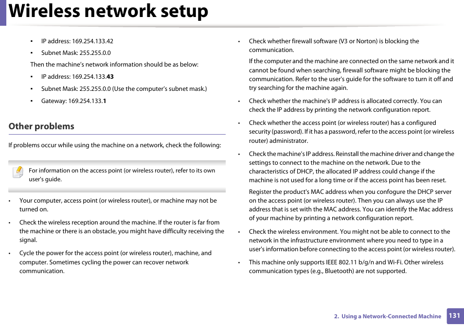 Wireless network setup, Other problems | Dell B1163/W Multifunction Mono Laser Printer User Manual | Page 131 / 204