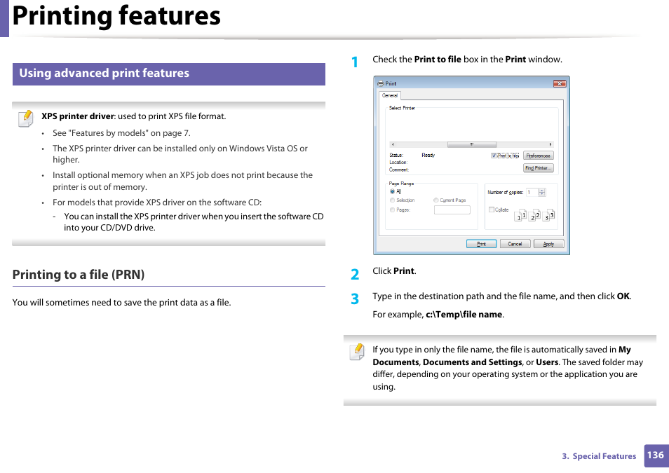 Printing features, Printing to a file (prn), Using advanced print features | Dell B1163/W Multifunction Mono Laser Printer User Manual | Page 136 / 204