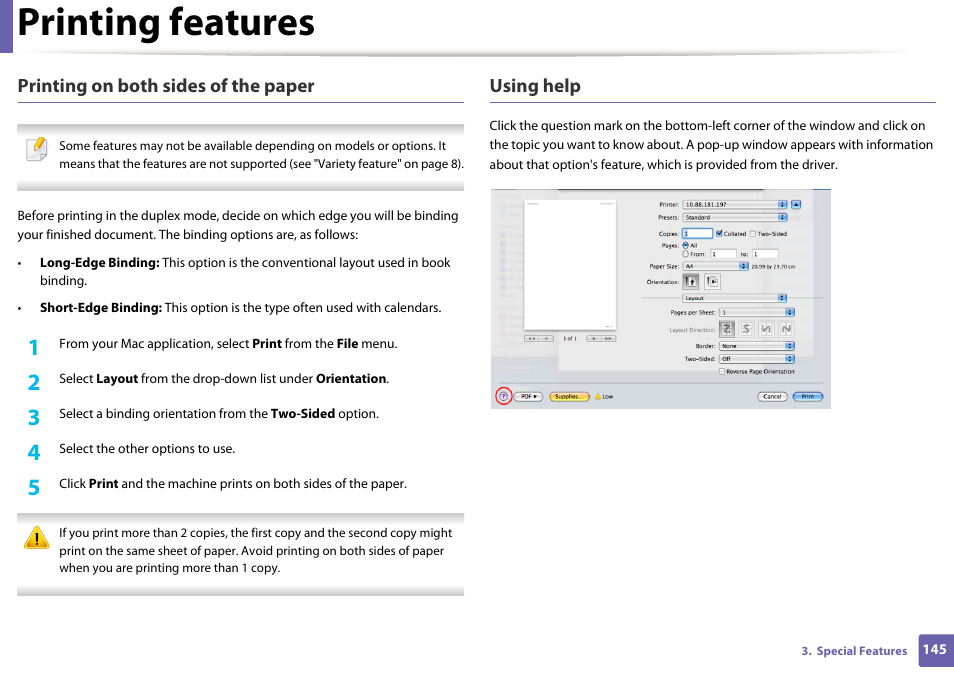 Printing features, Printing on both sides of the paper, Using help | Dell B1163/W Multifunction Mono Laser Printer User Manual | Page 145 / 204