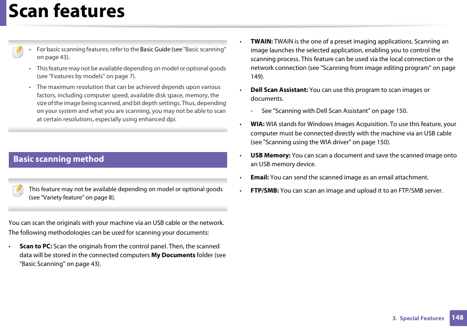 Scan features, Basic scanning method | Dell B1163/W Multifunction Mono Laser Printer User Manual | Page 148 / 204