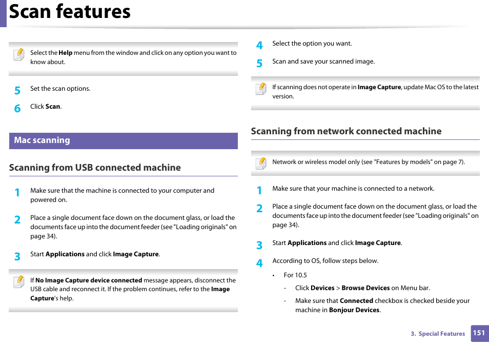 Scan features, Scanning from usb connected machine, Scanning from network connected machine | Mac scanning | Dell B1163/W Multifunction Mono Laser Printer User Manual | Page 151 / 204