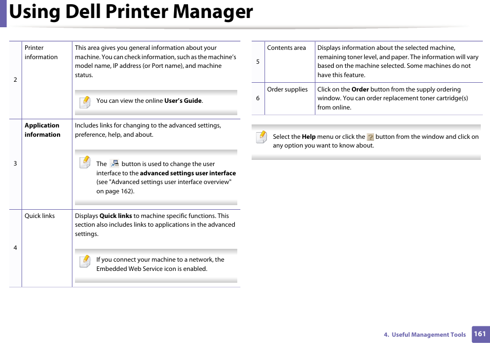 Using dell printer manager | Dell B1163/W Multifunction Mono Laser Printer User Manual | Page 161 / 204