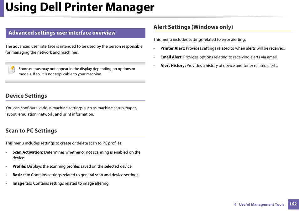 Using dell printer manager, Device settings, Scan to pc settings | Alert settings (windows only), Advanced settings user interface overview | Dell B1163/W Multifunction Mono Laser Printer User Manual | Page 162 / 204