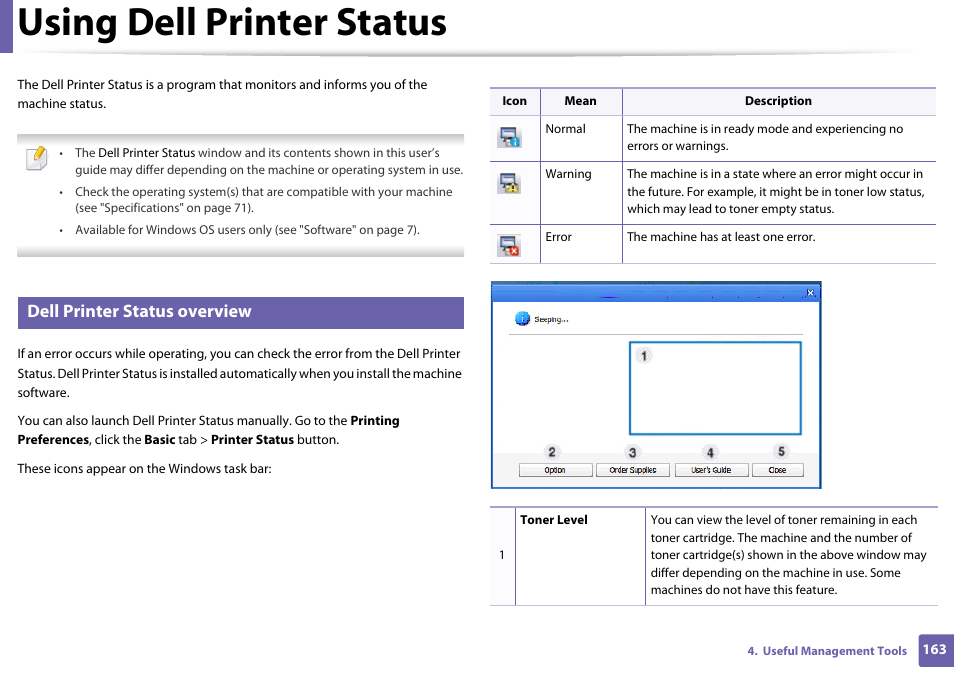 Using dell printer status, Dell printer status overview | Dell B1163/W Multifunction Mono Laser Printer User Manual | Page 163 / 204